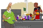 anthro beverage biped blush bodily_fluids brown_body brown_fur clothed clothing detailed_background duo embarrassed fur green_clothing green_shirt green_topwear looking_away male natural_colors overweight overweight_anthro overweight_male polo_shirt shirt shopping_cart short_tail soda store sweat sweatdrop tail tan_body tan_fur topwear mikalapine mika_(mikalapine) canid canine canis domestic_dog lagomorph leporid mammal rabbit 2015