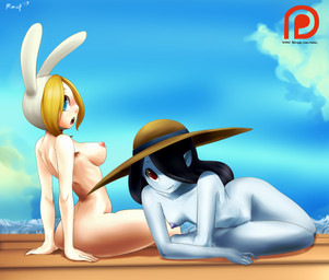 arched_back areola arm_support bite biting_lip biting_own_lip black_hair blonde_hair blue_eyes breasts clothing cute_fangs duo erect_nipples fangs female grey_body grey_skin hair hair_over_eye hat headgear headwear hood humanoid_pointy_ears looking_at_viewer lying nipples not_furry nude on_side one_eye_obstructed open_mouth outside patreon_logo pointy_ears red_eyes self_bite sitting sky smile teeth text wide_hips deadmimicked adventure_time cartoon_network patreon fionna_the_human marceline_abadeer human mammal vampire 2017 english_text hi_res url