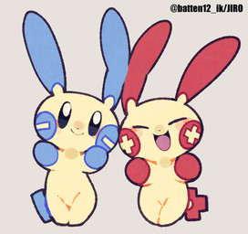 ambiguous_gender anthro blush duo eyes_closed featureless_chest featureless_crotch happy looking_at_viewer open_mouth simple_background tail tongue yellow_body batten12 nintendo pokemon generation_3_pokemon minun plusle pokemon_(species) 2026 hi_res signature