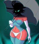 anthro clothing female glowing glowing_eyes green_eyes hat headgear headwear jewelry lingerie navel pendant shadow_face solo umbrella wide_hips purplealienist adult_swim cartoon_network unicorn:_warriors_eternal june_way canid canine fox mammal 2023 hi_res