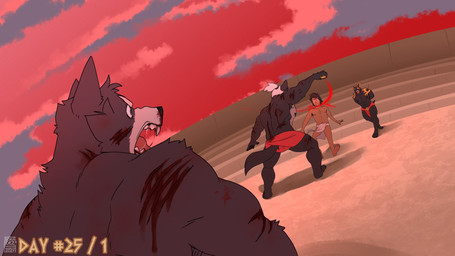 amphitheater anthro armpit_hair barefoot black_body black_fur black_hair black_nose blood blue_eyes bodily_fluids body_hair bottomwear clothing cloud feet fur grey_body grey_fur group hair hands_behind_back holding_object male muscular nosebleed piercing red_clothing red_sky saliva screaming shirtless shocked shoeless sky slashing teeth tied_hair white_clothing white_hair wounded soradezwolfox adastra adastra_(series) echo_project amicus_(adastra) cato_(adastra) marco_(adastra) neferu_(adastra) anubian_jackal canid canine canis human jackal mammal wolf 16:9 2024 hi_res widescreen