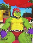 abs alligator alligatorid anthro bedroom_eyes belt bracelet bulge claws clothing collar crocodile crocodilian detailed_background digital_media_(artwork) digital_painting_(artwork) eyewear five_nights_at_freddy's five_nights_at_freddy's:_security_breach green_body green_skin hair hi_res jewelry looking_at_viewer male montgomery_gator muscular muscular_male narrowed_eyes open_mouth outside pecs red8ean red_eyes red_hair reptile scalie scottgames seductive signature smile solo spiked_bracelet spiked_collar spikes steel_wool_studios sunglasses teeth underwear