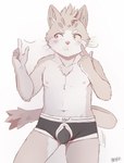 5_fingers anthro areola biped black_clothing black_underwear blush bulge chest_tuft clothed clothing fingers fur grey_body grey_fur looking_aside male navel nipples red_eyes simple_background solo topless tuft underwear whiskers young young_anthro hijirinoyuta lifewonders tokyo_afterschool_summoners sitri_(tas) domestic_cat felid feline felis mammal hi_res