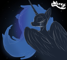 abstract_art blue_body blue_hair blue_mane bodily_fluids depression female feral hair horn mane night princess royalty sad solo star tears text wings worny friendship_is_magic hasbro my_little_pony mythology princess_luna_(mlp) equid equine horse mammal mythological_creature mythological_equine pony winged_unicorn 2025 absurd_res digital_media_(artwork) hi_res signature