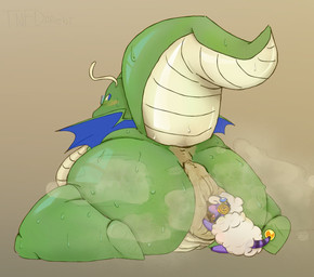 1_horn ambiguous/ambiguous ambiguous_gender animal_genitalia antennae_(anatomy) anthro anus belly big_anus big_butt black_stripes blue_body blue_eyes blue_membrane blush bodily_fluids butt duo extreme_size_difference eyewear eyewear_on_head featureless_feet feet feral fur gaping gaping_anus genital_slit genitals glasses glistening glistening_butt glistening_thighs goggles goggles_on_head green_body green_butt green_scales green_tail hooves horn huge_anus huge_butt hyper hyper_anus hyper_butt looking_back markings membrane_(anatomy) membranous_wings micro open_mouth overweight overweight_ambiguous overweight_anthro pink_blush pink_tongue puffy_anus raised_tail scales simple_background sitting size_difference spread_anus spreading steam striped_markings striped_tail stripes sweat sweaty_butt sweaty_legs sweaty_tail tail tail_markings tan_antennae tan_anus tan_background tan_belly tan_body tan_scales tan_tail text thick_thighs tongue tongue_out wearing_glasses white_body white_fur white_wool wings wool_(fur) tnfdarent nintendo pokemon dragonite generation_1_pokemon generation_2_pokemon mareep pokemon_(species) 2026 artist_name digital_drawing_(artwork) digital_media_(artwork) signature watermark male_(lore)