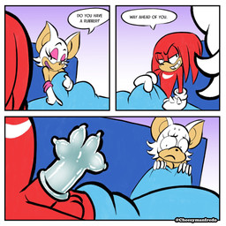 animal_genitalia animal_penis anthro armwear balls bed breasts clothing condom dialogue duo echidna_penis elbow_gloves eyelashes female furniture genitals gloves handwear long_eyelashes male on_bed open_mouth penis red_body sexual_barrier_device tan_body text wearing_condom cheesymanfredo sega sonic_the_hedgehog_(series) knuckles_the_echidna rouge_the_bat bat echidna mammal monotreme 1:1 2025 comic english_text hi_res