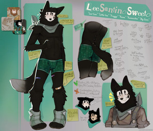 animal_print anthro back_markings band-aid band-aid_on_knee band-aid_on_leg bandage belly belly_markings big_ears birthdate black_body black_fur blush boxers_(clothing) butt clothed clothing cute_fangs dipstick_tail emanata fangs freckles full_name fur heart_(marking) heart_symbol kerchief male markings medallion mole_(marking) neckerchief neckwear one_ear_up overalls partially_clothed paw_shoes paw_symbol pie_cut_eyes pleading_eyes pronouns rim_light shirt slim_male small_butt smile solo stated_age stated_gender stated_height tail tail_markings tan_body tan_fur teeth text topwear underwear whining white_body white_fur x_symbol cerberussenn lee_sweeto_(cerberussenn) canid canine canis mammal wolf absurd_res english_text hi_res model_sheet signature sketch