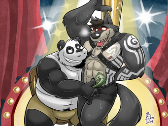abs anthro beard belly biceps big_muscles black_body black_fur bodily_fluids bottomwear bulge chair clothing duo facial_hair fur furniture grin harness leather male male/male money muscular muscular_male nipples overweight pecs pole shirt shorts sitting slightly_chubby smile strip_club stripper stripper_pole sweat tank_top tattoo teeth tipping tongue tongue_out topwear white_body white_fur takataka bear canid canine canis giant_panda mammal wolf 2014 4:3