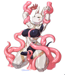 anthro areola black_areola black_penis blush bodily_fluids bodysuit clothing erection genital_fluids genitals gynomorph hood humanoid_genitalia humanoid_penis intersex knee_pads latex latex_clothing latex_skinsuit mask penetration penis precum purple_body ripped_bodysuit sex skinsuit solo tentacle_on_breast tentacle_penetration tentacle_sex tentaclejob tentacles tight_clothing torn_clothing white_latex eerieeyes mackenzie_(droopycrows) canid canine canis jackal mammal absurd_res hi_res trans_(lore) trans_woman_(lore)