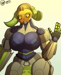 big_breasts breasts clothed clothing female fingers gesture horn huge_breasts looking_at_viewer machine nipples simple_background solo topless waving yellow_eyes bunbunmuffins blizzard_entertainment overwatch orisa_(overwatch) equid equid_taur humanoid_taur mammal mammal_taur robot taur 2022 absurd_res dated digital_media_(artwork) hi_res