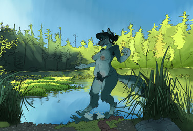 anthro areola armpit_hair black_hair body_hair breasts chest_tuft clear_sky digitigrade female fur grey_body grey_fur hair happy_trail nipples nude nude_anthro nude_female offscreen_character outside partially_submerged plant pointy_ears prick_ears pubes skinny_dipping sky solo standing_in_water tail tear_trough tree tuft water lockheed_martini lyudmila_(lockheed_martini) canid canine canis mammal wolf 2025 digital_drawing_(artwork) digital_media_(artwork) hi_res textless