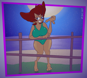 anthro beach big_breasts blue_eyes breasts cleavage clothed clothing ear_piercing ear_ring female fur glistening glistening_breasts glistening_legs hair half-closed_eyes leaning leaning_forward moon narrowed_eyes night one-piece_swimsuit piercing red_hair ring_piercing smug solo swimwear tan_body tan_fur toony water gavanzude disney goof_troop peg_pete domestic_cat felid feline felis mammal alternate_version_at_paywall digital_drawing_(artwork) digital_media_(artwork) hi_res signature