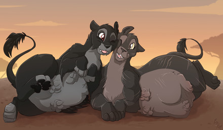 belly belly_on_ground big_belly black_body black_fur black_nose blep bloated cheek_tuft countershade_face countershade_fur countershade_torso countershading duo eye_contact facial_tuft female female_pred feral fur grey_body grey_fur looking_at_another lying lying_on_ground on_ground on_side one_eye_closed outside paw_imprint pawpads quadruped sunset tail tail_tuft tan_body tan_countershading tongue tongue_out tuft vore fuf felid lion mammal pantherine 2019