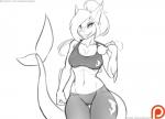 anthro athletic athletic_anthro athletic_female bra breasts cleavage clothed clothing female hair midriff navel non-mammal_breasts solo sports_bra text tight_clothing underwear doomthewolf sally_(doomthewolf) fish marine shark 2017 url