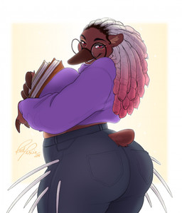 anthro beak big_breasts big_butt book bottomwear breasts brown_body brown_fur butt claws clothed clothing denim denim_bottomwear denim_clothing dreadlocks eyewear female fully_clothed fur furgonomics glasses hair holding_book holding_object huge_butt jeans pants quills_(anatomy) red_eyes round_glasses short_tail smile solo tail tight_bottomwear tight_clothing tight_pants topwear white_hair redpixie chelsea_(ghostmexicanwolf) echidna mammal monotreme 2024 hi_res