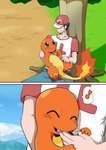 ambiguous_gender blush clothing feral fire flaming_tail male orange_body smile tail san_ruishin nintendo pokemon red_(pokemon) charmander generation_1_pokemon human mammal pokemon_(species) comic hi_res