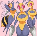 absurd_res anthro arthropod beedrill big_breasts biped black_body blue_body breasts cleavage cleavage_cutout clothed clothing cutout female generation_1_pokemon hi_res idolomantises leotard nintendo pink_background pink_eyes pokemon pokemon_(species) pseudo_clothing red_eyes red_sclera simple_background solo wide_hips yellow_body