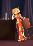 anthro barefoot biped bottle breasts chair cleavage cleavage_cutout clothed clothing container cup cutout dress feet female furniture small_breasts solo standing toeless_(marking) cashmere_(artist) cheshiresdesires dreamworks kung_fu_panda master_tigress felid mammal pantherine tiger 2017 hi_res