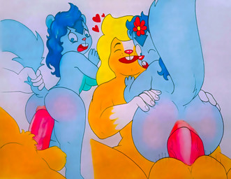 accessory anal anal_penetration anthro balls blonde_hair blue_body butt duo female female_penetrated flower flower_in_hair genitals hair hair_accessory male male/female male_penetrating male_penetrating_female orange_body penetration penile penile_penetration penis penis_in_ass plant sex simple_background size_difference skunk_tail robbiewallace happy_tree_friends fan_character petunia_(htf) mammal mephitid skunk hi_res traditional_media_(artwork)