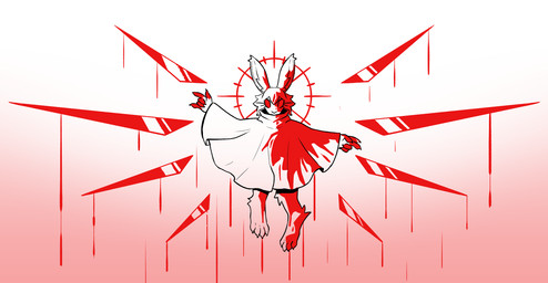 anthro aureola big_ears blood blood_on_clothing blood_splatter bodily_fluids cloak clothing floating floating_wings gesture halo hand_gesture rabbit_ears unusual_anatomy unusual_wings v_sign wings furufoo comet_(furufoo) hare lagomorph leporid mammal rabbit hi_res monochrome red_and_white