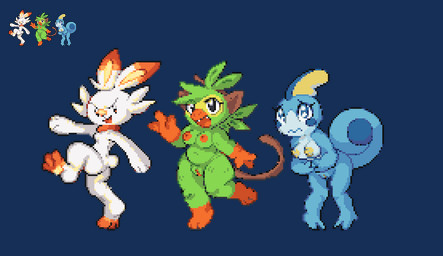 areola awkward bangs biped breasts butt dot_eyes eyelashes feet female genitals gesture hair hands_together kick nipples open_mouth orange_nipples paws ponytail pose simple_eyes slightly_chubby smile vulva waving waving_at_viewer yellow_nipples pester nintendo pokemon generation_8_pokemon grookey lagomorph mammal pokemon_(species) reptile scalie scorbunny sobble alpha_channel digital_media_(artwork) pixel_(artwork)
