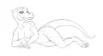 anthro bedroom_eyes biped breasts claws fangs female genitals half-closed_eyes looking_at_viewer lying narrowed_eyes nipples non-mammal_breasts non-mammal_nipples nude pussy scales seductive simple_background solo tail teeth wide_hips shycryptid kobold scalie line_art monochrome