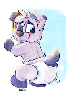 air_puff anthro black_eyes blue_body blue_fur blue_spots blue_tail blush blush_lines cheek_tuft clenched_hands clothed clothing crouching diaper diaper_only facial_tuft fangs fart fart_cloud floppy_ears fur head_tuft implied_messy_diaper implied_pooping looking_back male neonate one_eye_closed push pushing rear_view solo spots straining tail teeth topless tuft unclean_diaper used_diaper using_diaper wearing_diaper white_body white_fur young young_anthro young_male sherwin_fawn braxy canid canine canis domestic_dog mammal hi_res