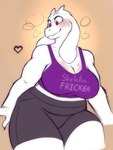 anthro athletic_wear big_breasts blush bodily_fluids body_blush bottomwear breast_blush breasts breath cleavage clothed clothing exercise female gym_bottomwear gym_shorts heart_symbol horn long_ears shorts solo sweat text text_on_clothing thick_thighs topwear wide_hips workout workout_clothing dragon-chan undertale undertale_(series) toriel boss_monster_(undertale) bovid caprine goat mammal 2023 english_text hi_res