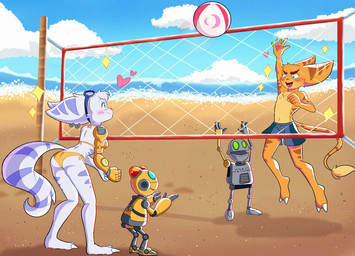 anthro ball beach bikini blue_eyes breasts butt chest_tuft clothing cybernetic_arm cybernetic_limb ear_piercing ear_ring eyebrows eyelashes eyewear eyewear_on_head feet female fur goggles goggles_on_head green_eyes group heart_symbol machine male net open_mouth outside piercing ring_piercing side-tie_bikini sport string_bikini striped_body striped_fur stripes swimming_trunks swimwear tail tail_tuft tuft two-piece_swimsuit volleyball volleyball_(ball) volleyball_net white_body white_fur yellow_bikini yellow_body yellow_clothing yellow_fur yellow_swimwear manys_art ratchet_and_clank sony_corporation sony_interactive_entertainment clank_(ratchet_and_clank) kit_(ratchet_and_clank) ratchet_(ratchet_and_clank) rivet_(ratchet_and_clank) lombax mammal robot 2025 hi_res