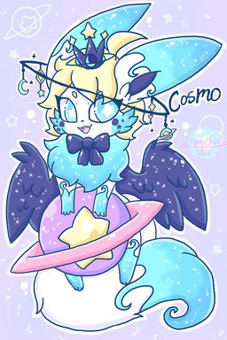 anthro blonde_hair blue_body blue_eyes blue_fur bow_tie crown fur hair headgear male planet solo star star_eyes tail white_body wings lewdchuu nintendo pokemon cosmo_(lewdchuu) eevee generation_1_pokemon pokemon_(species) hi_res