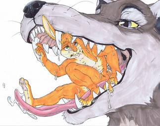 ambiguous_gender ambiguous_pred anthro balls barely_visible_balls barely_visible_genitalia black_lips bodily_fluids body_in_mouth buckteeth clenched_teeth duo frown genitals in_mouth larger_pred lips male male_prey mouth_shot nude open_mouth pawpads pink_pawpads saliva saliva_on_body saliva_on_tongue sharp_teeth size_difference teeth tongue tongue_out unwilling_prey vore whiskers cockzilla eager_(character) canid canine canis lagomorph leporid mammal rabbit wolf 2016 traditional_media_(artwork)