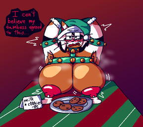 anthro armpit_hair bell bell_harness big_breasts blush bodily_fluids body_hair breast_rest breasts christmas_clothing christmas_headwear clothing cookie cute_fangs dialogue eyewear fangs female food furniture glasses hands_behind_head harness hat headgear headwear holidays huge_breasts lactating markings musk musk_cloud musky_armpits musky_breasts nipples plate rectangular_glasses red_nipples red_nose red_teeth santa_hat sign solo table teeth text top_heavy felineflustered christmas acid_(felineflustered) angel domestic_cat fallen_angel felid feline felis mammal english_text low_res