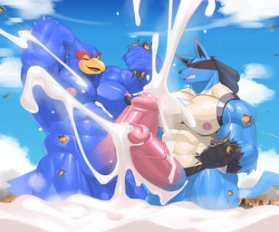abs aircraft airplane anthro areola balls beak biped blue_body blue_feathers blue_fur blush bodily_fluids cum cum_in_water destruction duo erection excessive_cum excessive_genital_fluids explosion eyes_closed feathers flooding frottage fur genital_fluids genitals humanoid_genitalia humanoid_penis macro male muscular muscular_anthro muscular_male nipples non-mammal_nipples pecs penile penis penises_touching sea sex ship spines tail vehicle water watercraft namutree nintendo pokemon star_fox falco_lombardi avian canid canine generation_4_pokemon lucario mammal pokemon_(species) absurd_res hi_res