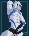 anthro athletic athletic_anthro athletic_male black_nose black_penis blue_eyes bottomwear bulge clothed clothing erection fur futhark genitals male muscular muscular_anthro muscular_male navel penis runes shorts simple_background solo tattoo topless white_body white_fur feralise pyro29 canid canine canis mammal wolf