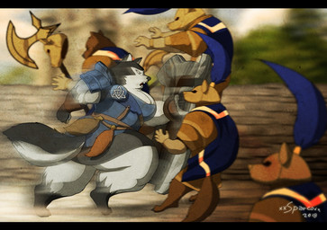 anthro armor axe big_muscles black_bars black_nose breasts clothed clothing female fight fur grey_body grey_fur huge_muscles hyper hyper_muscles looking_at_viewer male melee_weapon muscular muscular_female polearm shield snow spear weapon xxsparcoxx armello league_of_geeks magna_(armello) canid canine canis domestic_dog mammal wolf 2018 letterbox
