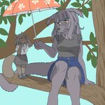 anthro bottomwear branch clothed clothing duo female kemono on_branch shorts sunshade ekaki510 binturong mammal rodent sciurid tree_squirrel viverrid 1:1