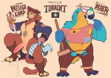 andromorph anthro balls beak big_penis biped brown_body brown_fur claws clothing countershade_torso countershading duo feet fur genitals glans hat headgear headwear holding_melee_weapon holding_object holding_sword holding_weapon humanoid_genitalia humanoid_penis humanoid_vulva intersex male mastectomy_scar melee_weapon nipple_piercing nipples penis piercing pirate prehensile_feet scar shirt smile sword tail text toes topwear torn_clothing torn_shirt torn_topwear vulva weapon bigcozyorca captain_neverland_(bigcozyorca) marty_(bigcozyorca) avian bird haplorhine macaw mammal monkey neotropical_parrot parrot primate true_parrot english_text hi_res trans_(lore) trans_man_(lore)
