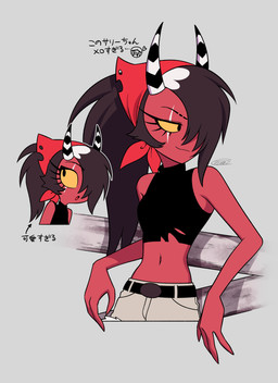 2_horns black_hair breasts eye_scar eyelashes facial_scar female hair hair_over_eye horn medium_breasts navel not_furry ponytail red_body red_skin scar smile solo striped_horn stripes text yellow_sclera enaic31 hellaverse helluva_boss sallie_may_(helluva_boss) demon demon_humanoid horned_humanoid humanoid imp absurd_res hi_res japanese_text translation_request trans_(lore) trans_woman_(lore)