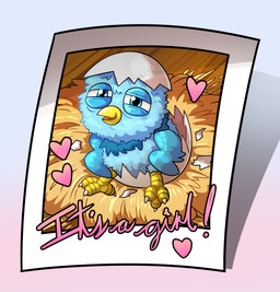 ambiguous_gender beak birth blue_body blue_eyes blue_feathers egg eggshell family_photo feathers feet feral floor floorboards fluffy fuzzy glistening glistening_eyes hatching_from_egg hay_nest heart_symbol looking_at_viewer looking_up looking_up_at_viewer neck_tuft neonate nest photo simple_background smile solo talons text toes toony tuft wings yellow_beak young nerosenseiut undertale_yellow martlet_(undertale_yellow) avian bird 2025 absurd_res english_text hi_res female_(lore)