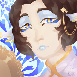 anthro blue_background blue_eyes blue_hearts blue_lips blue_makeup blue_markings clothing feathers femboy hair heart_symbol jewelry light_body lips makeup male markings orange_eyes short_hair simple_background solo star ocelotka lololoshka demigod 1:1 digital_media_(artwork) portrait