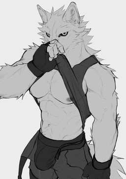 abs anthro areola biped black_clothing black_gloves black_handwear black_sclera black_shirt black_topwear black_underwear bodily_fluids bottomwear bulge clothed clothing clothing_lift fingerless_gloves fur genital_fluids gloves handwear male male_anthro muscular muscular_anthro muscular_arms muscular_male navel nipples open_bottomwear open_clothing open_pants pants pecs precum precum_through_clothing shirt shirt_lift simple_background solo standing topwear underwear wet wet_clothing white_background kojiray canid canine canis mammal wolf digital_media_(artwork) greyscale hi_res monochrome
