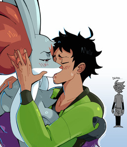 anthro big_breasts black_hair blush bodily_fluids breasts clothing dark_body dark_skin duo_focus erection erection_under_clothing eyes_closed female female_on_human fur glistening glistening_body glistening_fur green_clothing green_jacket green_topwear grey_body grey_fur group hair half-closed_eyes hug human_on_anthro interspecies jacket kissing male male/female male_on_anthro narrowed_eyes pokephilia purple_body purple_fur red_nose saliva simple_background standing topwear white_background white_body white_fur c0cobeanz nintendo pokemon generation_9_pokemon human mammal mega_delphox mega_evolution pokemon_(species) shiny_pokemon absurd_res hi_res