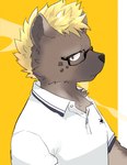 anthro blonde_hair brown_body brown_fur clothing eyewear fur glasses hair male markings polo_shirt shirt solo spots spotted_body spotted_fur topwear bone_color919 lifewonders live_a_hero roiker hyena mammal hi_res