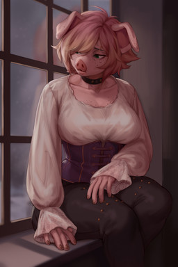 anthro big_breasts blonde_hair bottomwear breasts clothed clothed_anthro clothed_female clothing collar corset eyelashes female floppy_ears freckled_breasts freckled_chest freckled_ears freckled_face freckles fully_clothed fully_clothed_anthro fully_clothed_female green_eyes hair lingerie long_eyelashes long_sleeves pants puffy_sleeves shirt sitting sitting_on_window_sill solo thick_thighs topwear wide_hips window siriussly jo_(lavenderpandy) domestic_pig mammal suid suine sus_(pig) hi_res