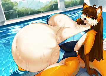 ahoge anthro arm_support bangs belly big_belly big_breasts black_nose bloated breasts brown_hair brown_markings cheek_tuft chest_tuft clothing day eyelashes facial_tuft female fur green_eyes hair high-angle_view huge_belly huge_breasts hyper hyper_belly hyper_breasts inner_ear_fluff long_eyelashes long_hair looking_at_viewer markings navel one-piece_swimsuit partially_submerged plant sitting solo swimming_pool swimwear tail tan_body tan_fur tuft wet wet_body wet_fur window yellow_body yellow_fur kysokofwater canid canine fox mammal red_fox true_fox 2025 colored digital_drawing_(artwork) digital_media_(artwork) hi_res shaded