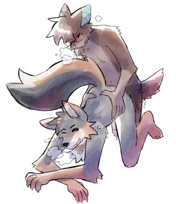 anthro anthro_on_anthro anthro_penetrated anthro_penetrating anthro_penetrating_anthro arm_tuft black_nose blue_inner_ear blue_nose blush bodily_fluids breath brown_body brown_fur brown_hair cheek_tuft countershade_face countershade_torso countershading cute_fangs doggystyle duo eyes_closed eyewear facial_tuft fangs feet from_behind_position front_view fur genital_fluids genitals glasses glistening glistening_body glistening_hair hair humanoid_genitalia humanoid_penis leg_markings male male/male male_penetrated male_penetrating male_penetrating_male markings multicolored_body multicolored_fur one_eye_closed orange_body orange_feet orange_fur orange_hands orgasm penetration penis pink_tongue precum rectangular_glasses sex shoulder_tuft simple_background socks_(marking) tan_body tan_countershading teeth three-quarter_view tongue tuft two_tone_body two_tone_fur two_tone_tail white_background white_body white_fur birdpaw_(artist) canid canine canis mammal wolf digital_media_(artwork) full-length_portrait hi_res portrait