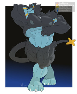 abs anthro biceps big_muscles big_pecs deltoids dog_tags glowing glowing_eyes huge_muscles looking_at_viewer male muscular muscular_anthro muscular_arms muscular_legs muscular_male muscular_thighs navel nipples paws pecs pose presenting quads smug solo tail teasing teasing_viewer thick_arms thick_neck trapezius triceps conditional_dnp dischimera nintendo pokemon generation_4_pokemon luxray pokemon_(species) hi_res