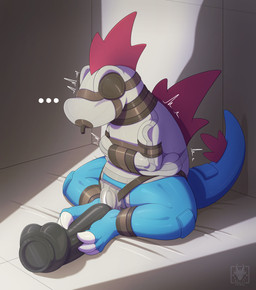 asylum bdsm blindfold bondage bound chastity_device clothed clothing dildo feral male padded_room restraints sensory_deprivation sex_toy sitting solo straitjacket tail n1k0 nintendo pokemon feraligatr generation_2_pokemon pokemon_(species) absurd_res hi_res