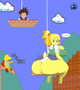 anthro big_breasts big_butt bottomwear breasts butt button_(fastener) clothing female fur huge_butt male monotone_bottomwear monotone_clothing monotone_skirt panties sitting skirt straining_buttons thick_thighs underwear weight_difference yellow_body yellow_fur bencs animal_crossing disney kingdom_hearts mario_bros nintendo square_enix super_smash_bros. super_smash_bros._ultimate isabelle_(animal_crossing) sora_(kingdom_hearts) canid canine canis domestic_dog human koopa koopa_troopa mammal scalie shih_tzu toy_dog hi_res