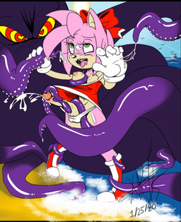 accessory ahegao anthro beach big_penis black_lips bodily_fluids boots breasts bulge clothed clothing clothing_lift cum cum_on_face dress dress_lift duo ejaculation feral footwear genital_fluids genitals gloves green_eyes gynomorph hair_accessory hair_ribbon handwear heart_eyes heart_symbol intersex intersex/male lips looking_pleasured male one_breast_out panties penis pink_body purple_body ribbons shoes tan_body tan_skin tentacles underwear superdork sega sonic_the_hedgehog_(series) amy_rose aquatic cephalopod coleoid eulipotyphlan hedgehog mammal mollusk octopodiform octopus hi_res